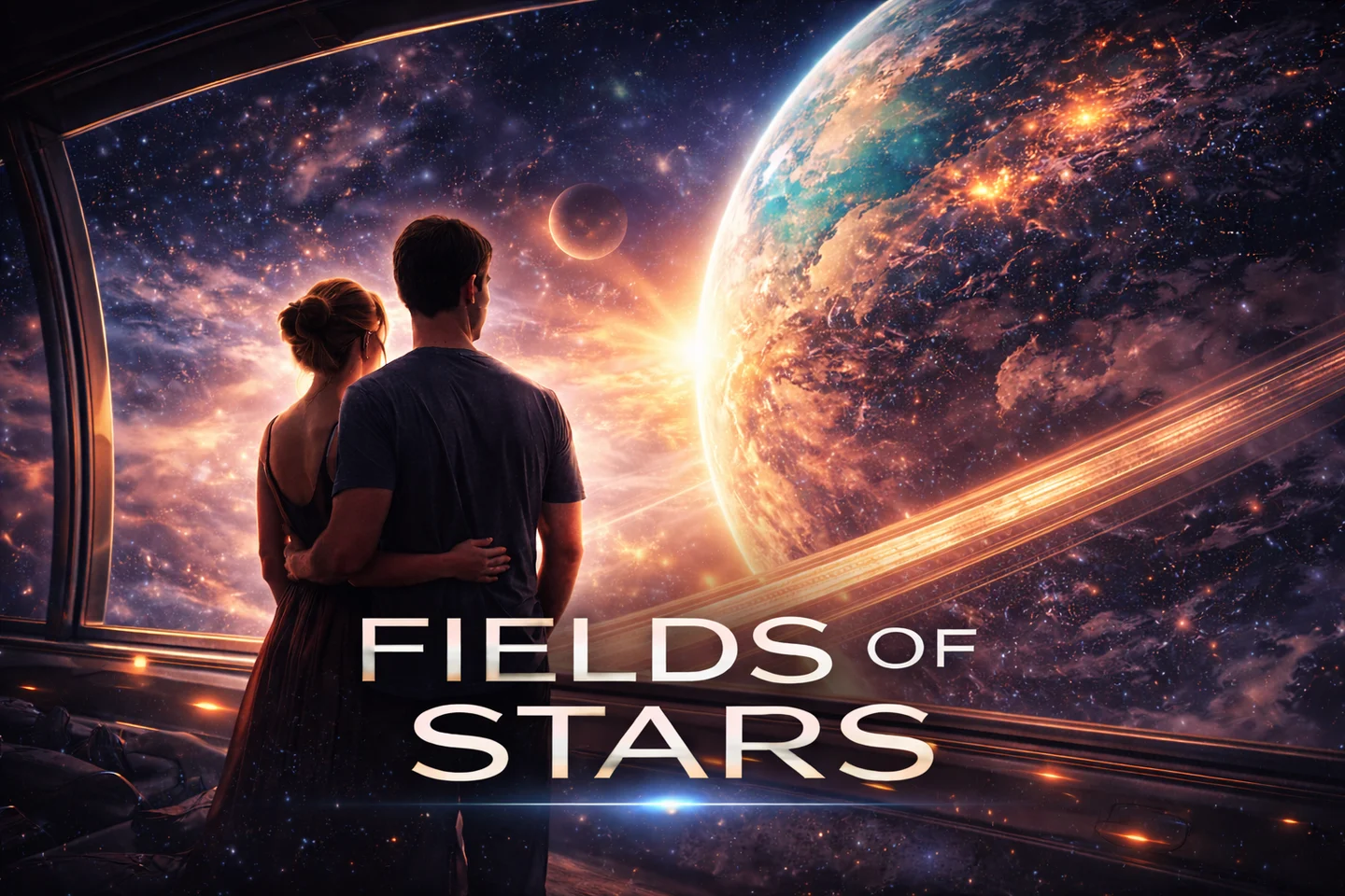Fields of Stars atmospheric film poster showing a couple looking towards a luminous planet and a vast star-filled universe.