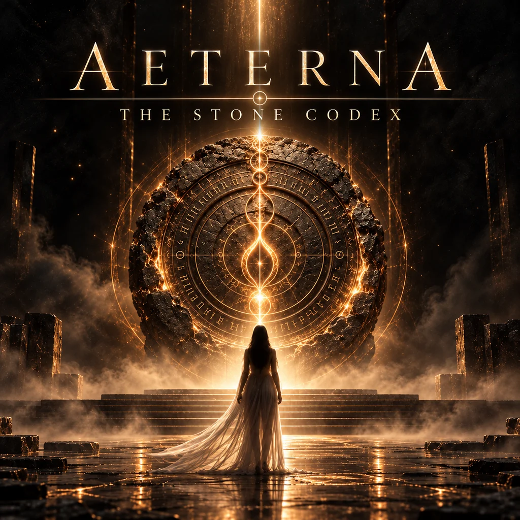 AETERNA The Stone Codex album artwork, set within a sacred nocturnal world of stone, gold light and ritual geometry.