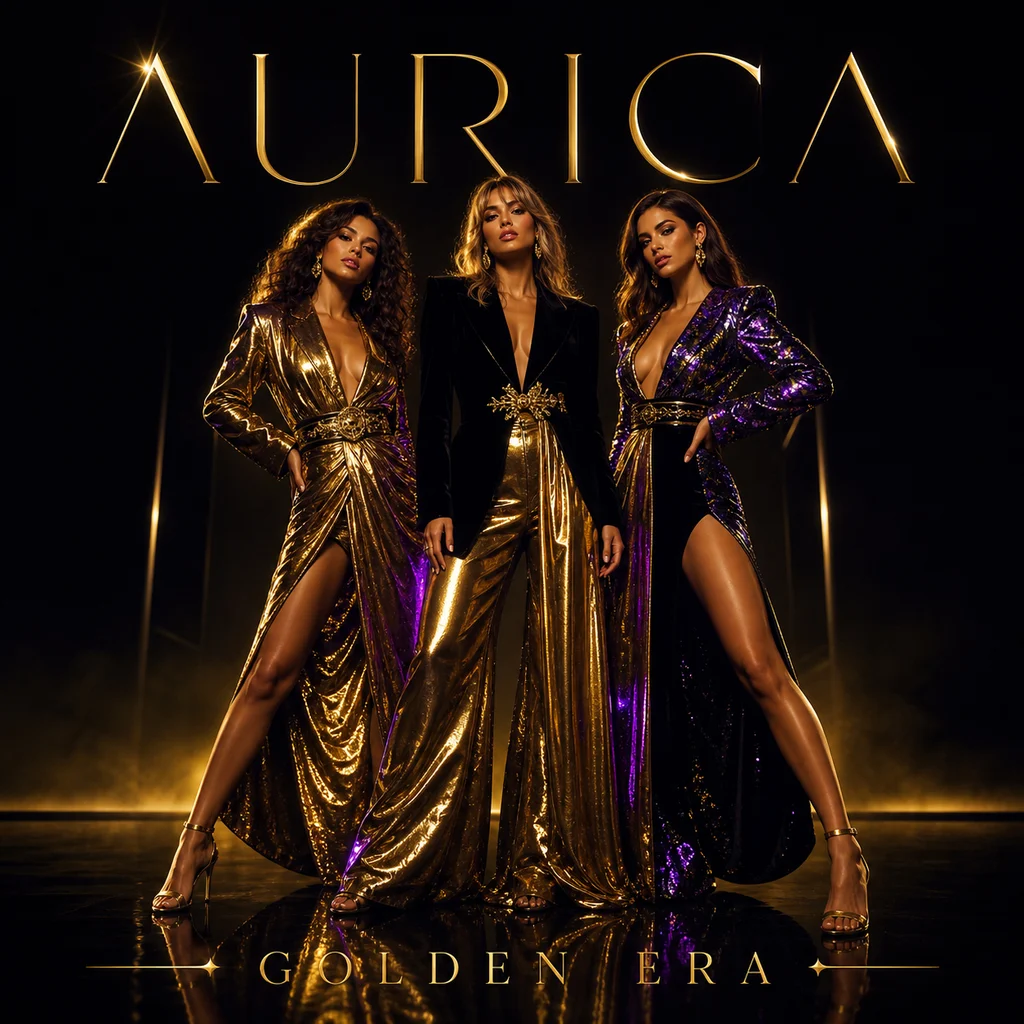 Aurica Golden Era album artwork featuring three gold-lit performers beneath the Aurica wordmark.