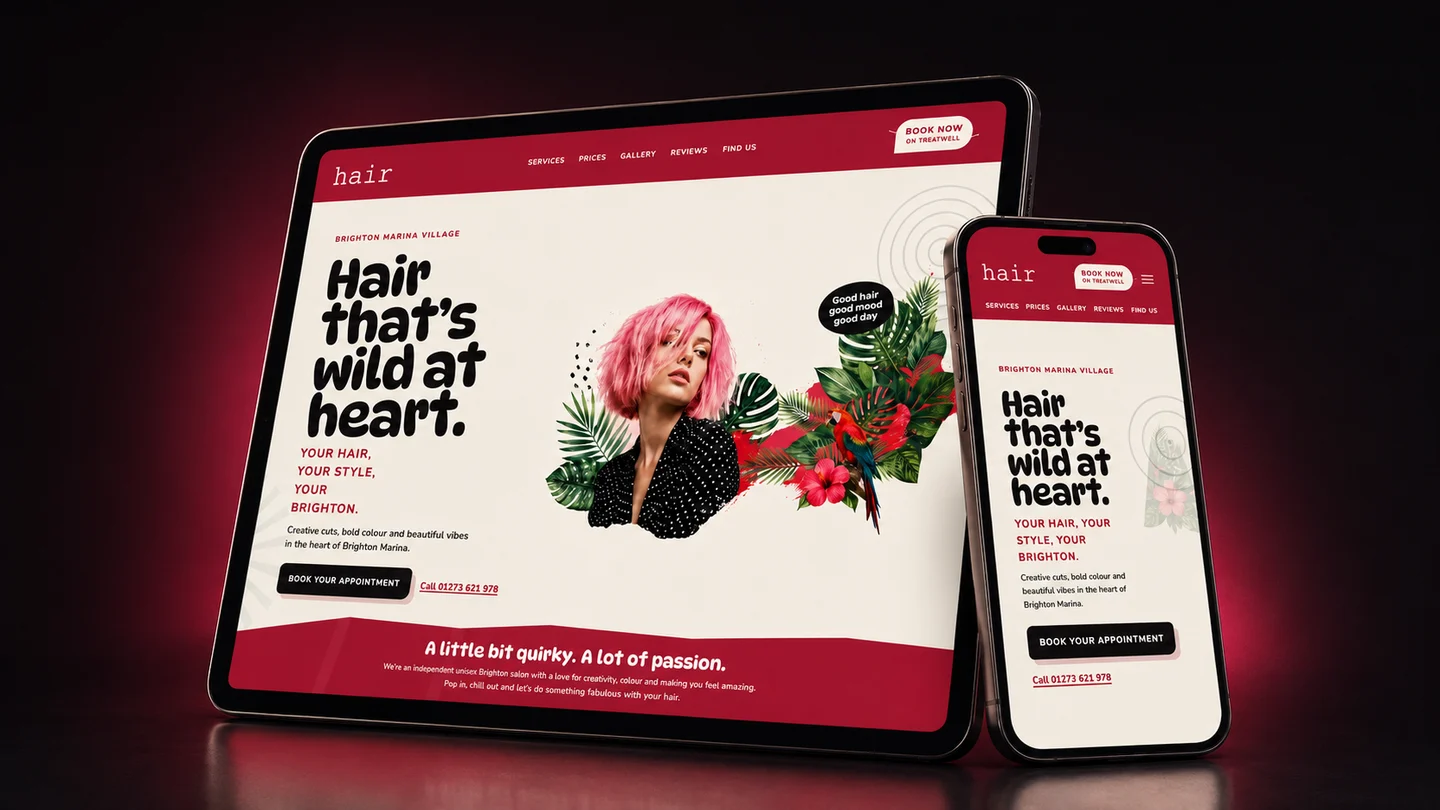 Premium Hair Brighton website hero artwork showing the salon homepage presented across tablet and smartphone devices with tropical collage styling.